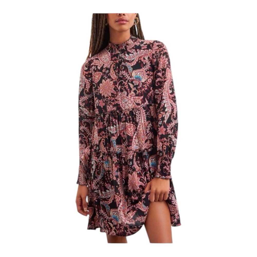 By Anthropologie Tunic Dress Boho Floral Paisley Long Sleeve Black Size S